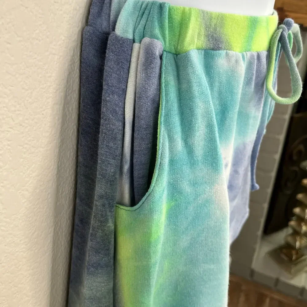 New Shopin LA Blue Green Multi Tie Dye Elastic Waist Sweat Shorts L Gorpcore